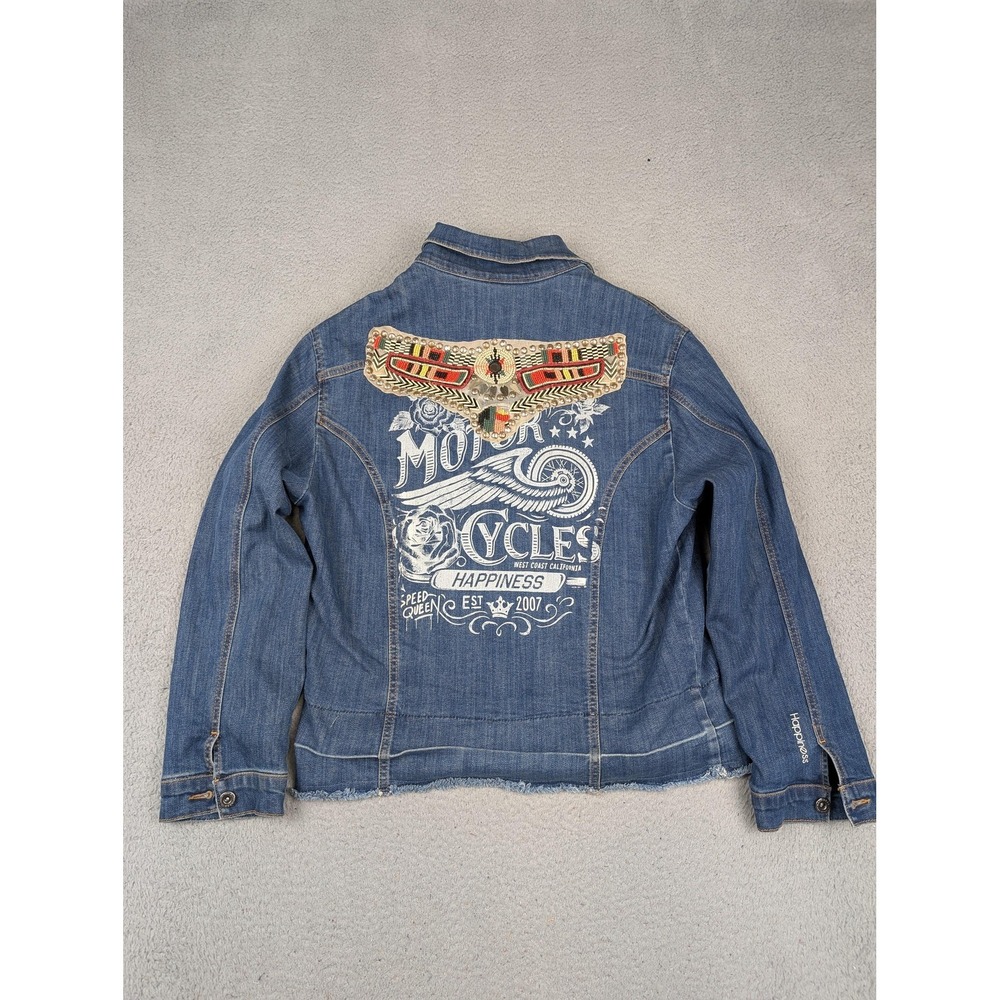 Happiness Jacket Womens Large Blue Denim Beaded Studded Motorcycle Graphic Italy